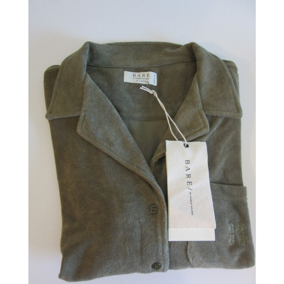 BARE by Charlie Holiday Olive Green Terry Towelling L Button Shirt Blouse - Picture 1 of 5
